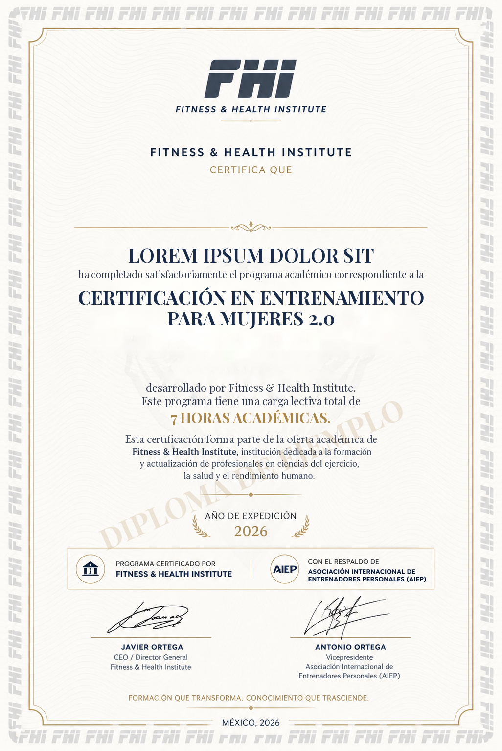 Ejemplo de diploma de la Certificación en Entrenamiento para Mujeres 2.0 de FHI con respaldo AIEP